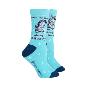 Close-up of a single light blue sock, showcasing the retro design and text. The Foot Traffic logo is also visible.