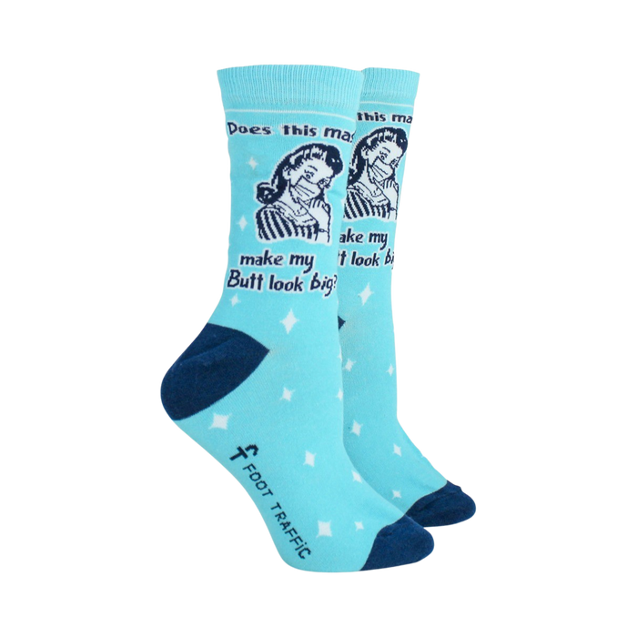 Close-up of a single light blue sock, showcasing the retro design and text. The Foot Traffic logo is also visible.