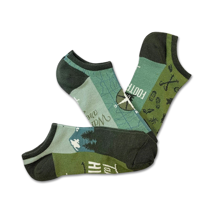 mens 3-pack no show low cut green hiking boot socks with pine tree, mountain & compass pattern    }}