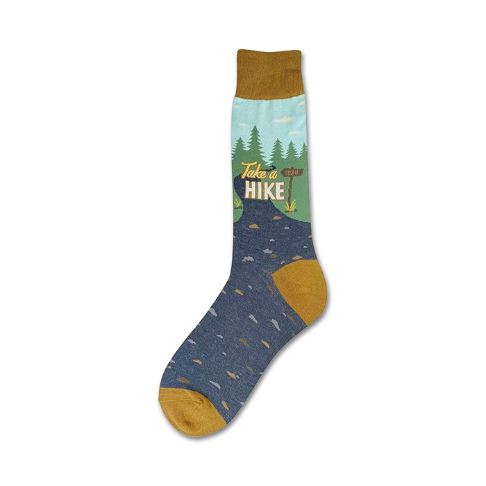mens crew socks - blue with brown toe and heel - 'take a hike' printed in green   }}