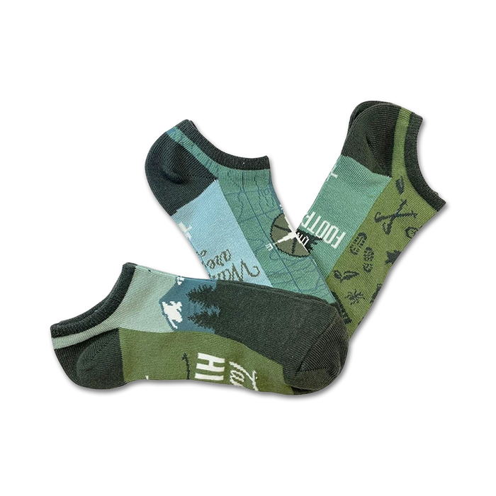 women's get outdoors 3-pack no-show socks: pine trees, mountains, and compass design in green, blue, and brown. hiking-inspired no-show socks.   }}