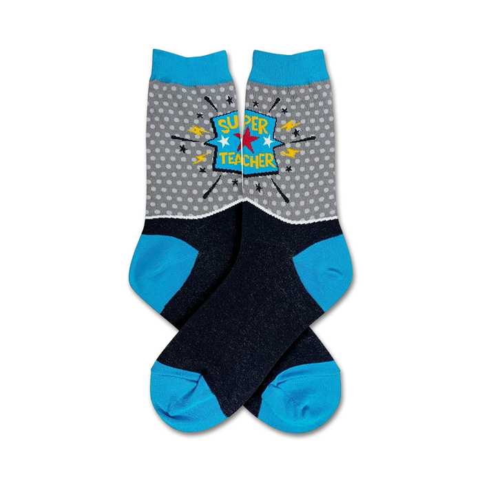 gray crew socks with light blue toes, heels, and cuffs. polka dot and lightning bolt pattern. 