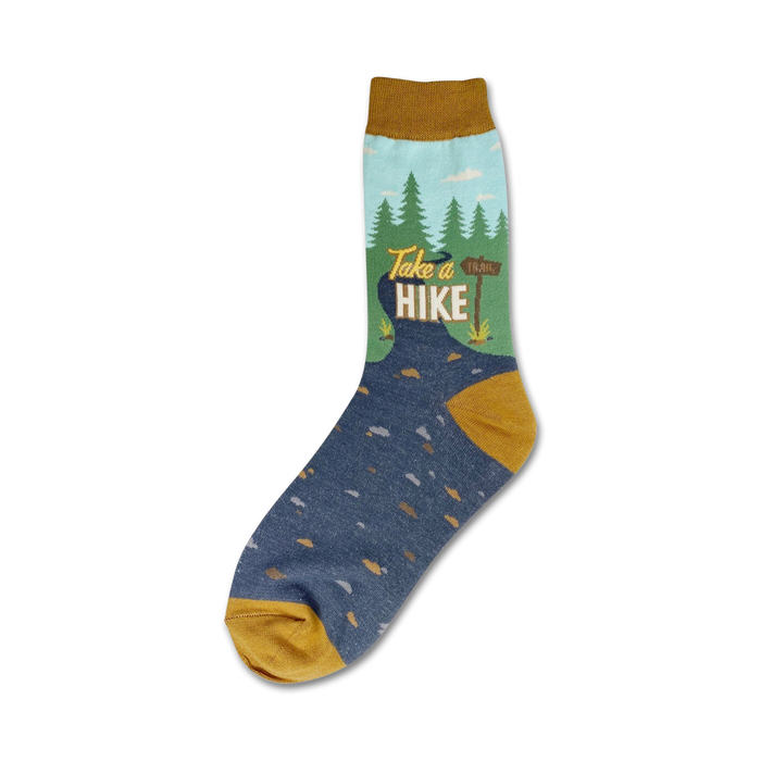 Crew socks in mustard yellow, teal, and navy blue. Design features a nature scene with trees and a 'Take a Hike' sign. }}