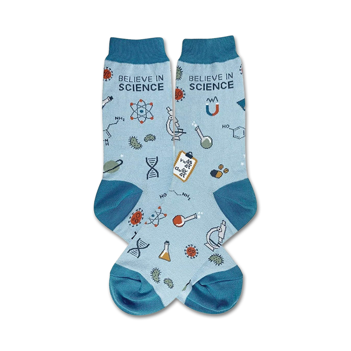 women's crew socks featuring science-related imagery and the phrase 'believe in science' knitted in yellow on the top cuff.   }}