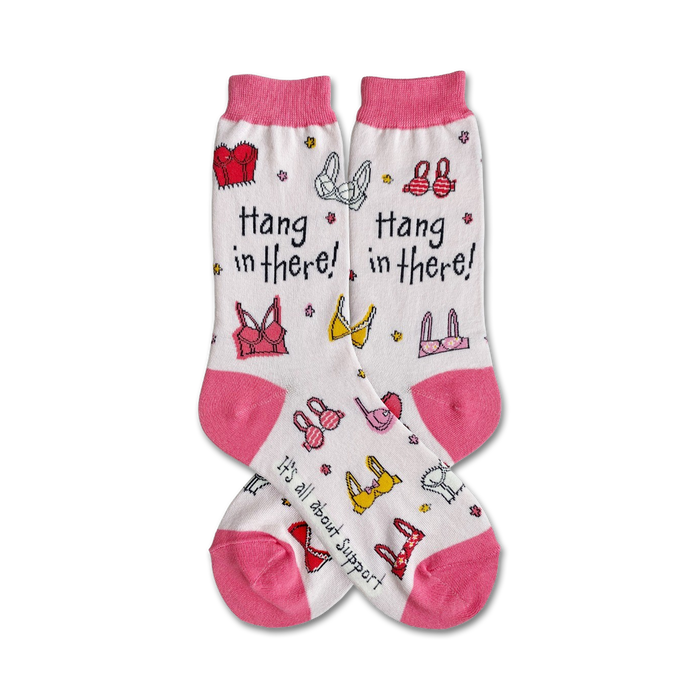 women's white crew socks with pink accents and a repeating bra pattern. the message 