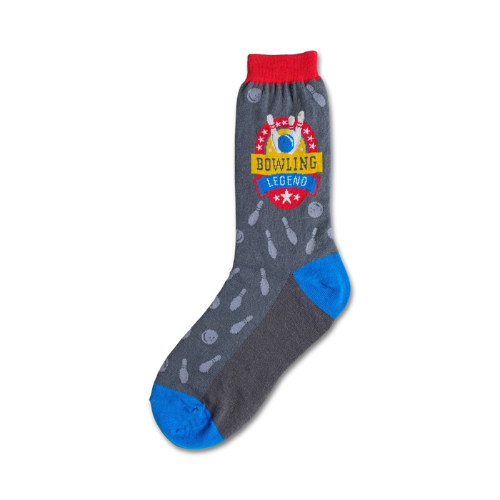 womens crew socks in gray with red/blue bowling ball and red/white/blue bowling pin pattern; bowling legend theme   }}