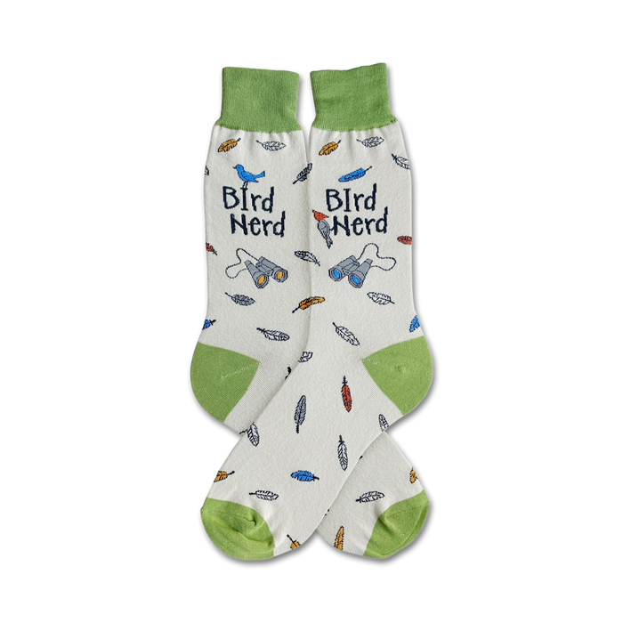 Cream crew socks with green cuffs. Design includes birds, feathers, binoculars, and 'Bird Nerd' text. }}