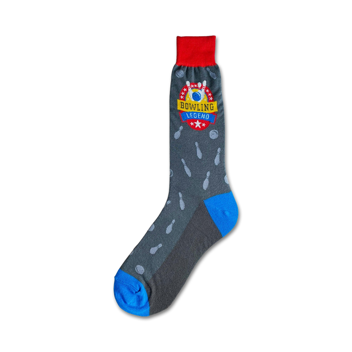 Gray crew socks with a blue and red bowling-themed logo and repeated bowling pin design. }}