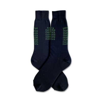 Pair of black crew socks with a green binary code design.  The words 'hello', 'goodbye', and 'good' are also printed.