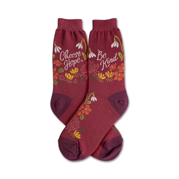 Burgundy crew socks with a floral design and the text 'Choose Hope' and 'Be Kind'. }}