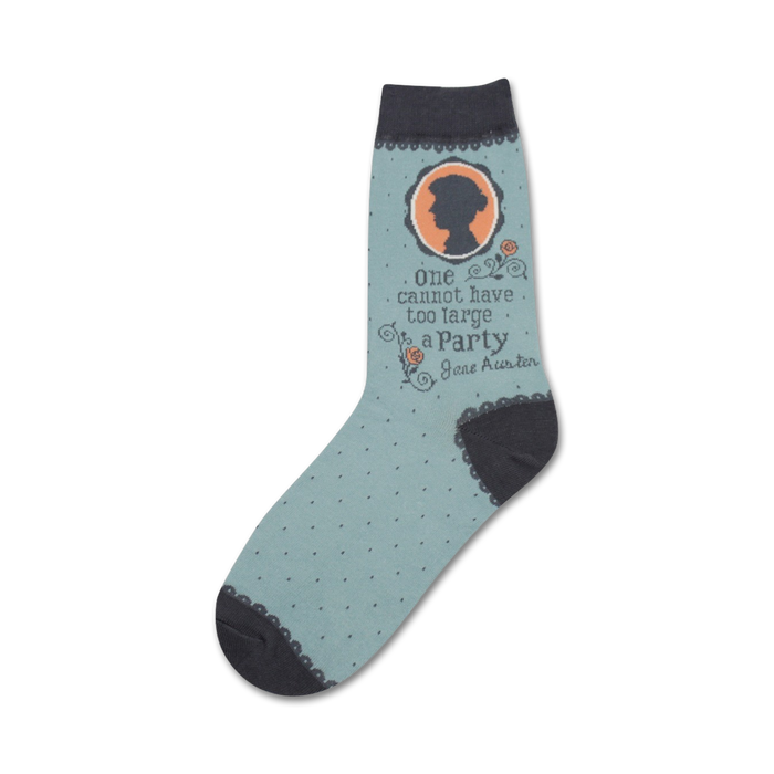 blue crew socks with black polka dots and black toe and heel. jane austen's image centered with one cannot have too large a party text above and jane austen below in orange. }}