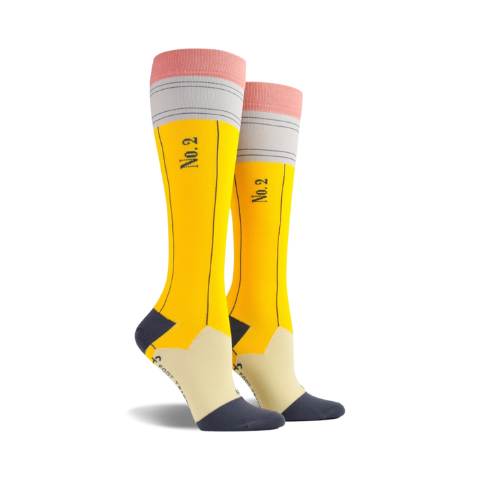 yellow knee-high pencil socks with black and gray stripes for men and women.  