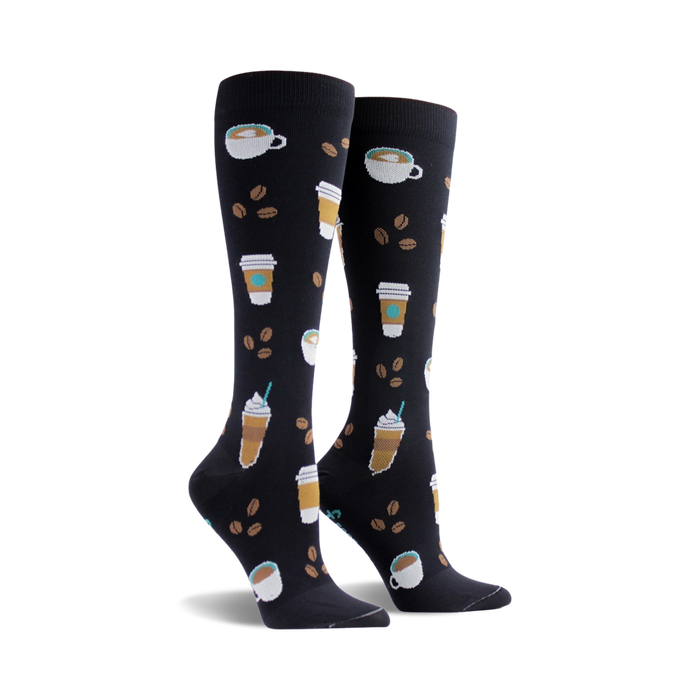black-knee-high coffee-themed socks with all-over print of coffee cups, beans, and whipped cream. fun for men and women coffee drinkers.   }}