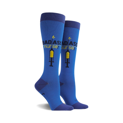 Pair of women's knee-high socks in blue. The socks feature a graphic of a syringe and the text 'Badass Nurse!' in yellow and black.