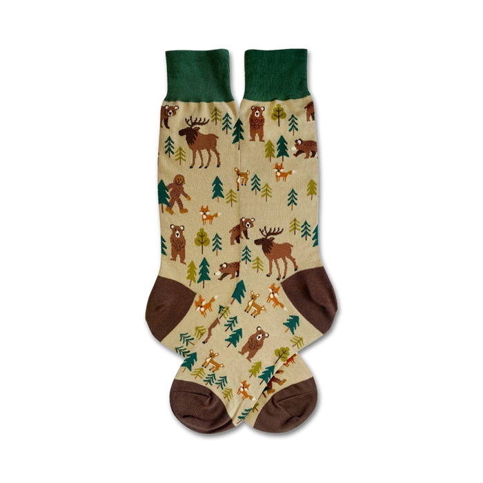 beige crew socks with bears, foxes, deer, and rabbits; brown toes, green tops; camping theme.   }}