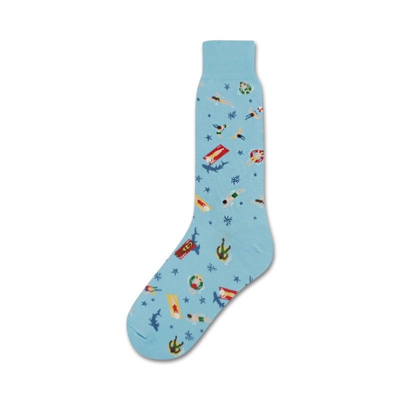 Light blue crew socks with a playful summer design. Features swimmers, sharks, and pool floats on a light blue background.