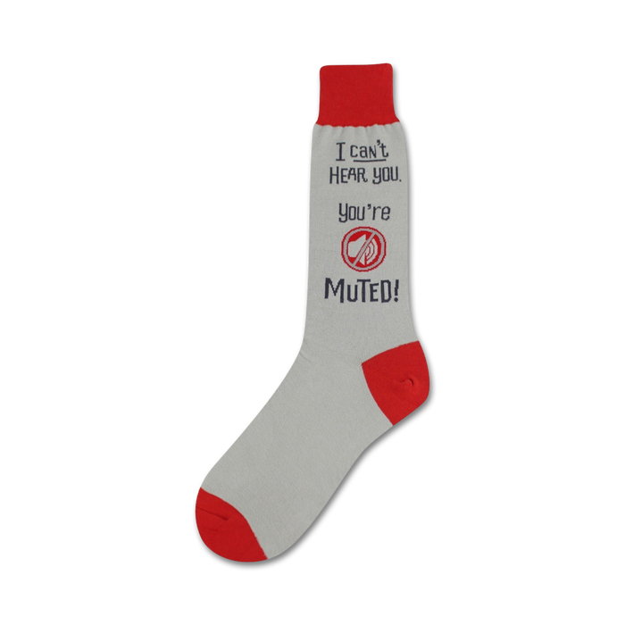 gray crew socks with red toes, heels, and tops feature the words 