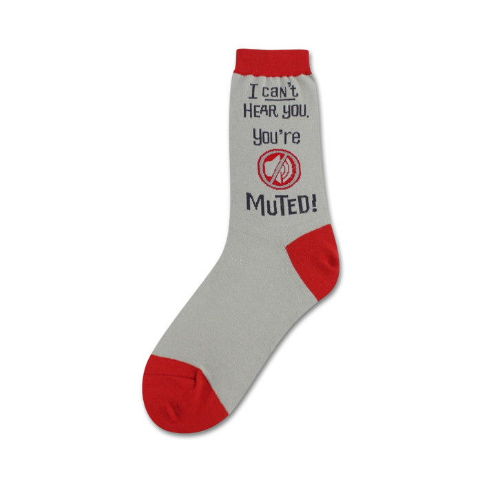 gray crew socks with red toes and heels. wording on the socks reads 