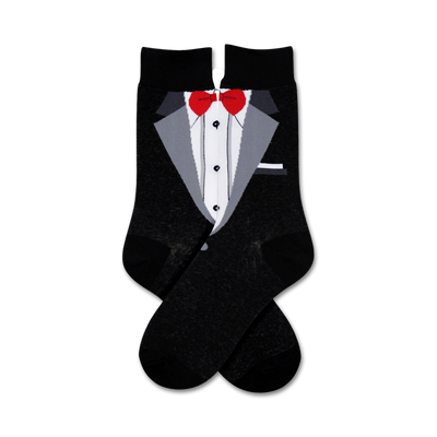 Pair of black crew socks with a tuxedo-printed design. Features a grey suit jacket, white shirt, and red bow tie.