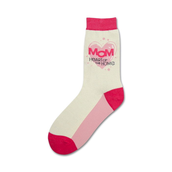 Cream crew socks with pink and red accents. Features a pink heart with MOM and 'Heart of the Home' text. }}