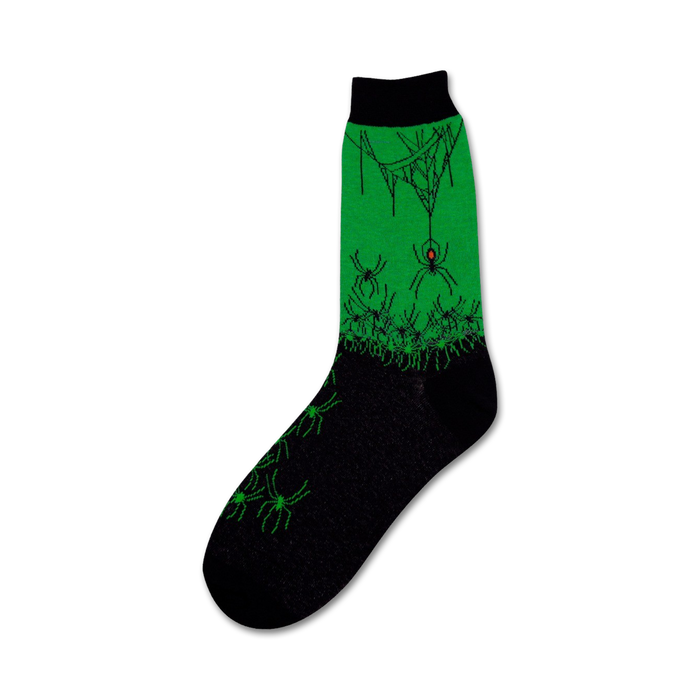 women's crew socks with green and black spiders and cobwebs with red abdomens. halloween costume friendly.    }}
