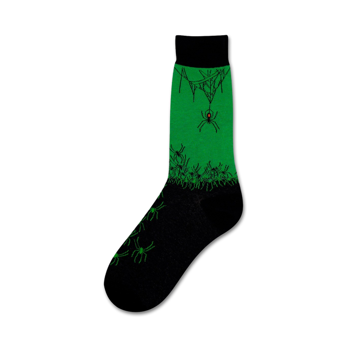 Black and green crew socks with an all-over spider design. A large spider hangs from a web on the sock's green section, with smaller spiders scattered across the black bottom. }}