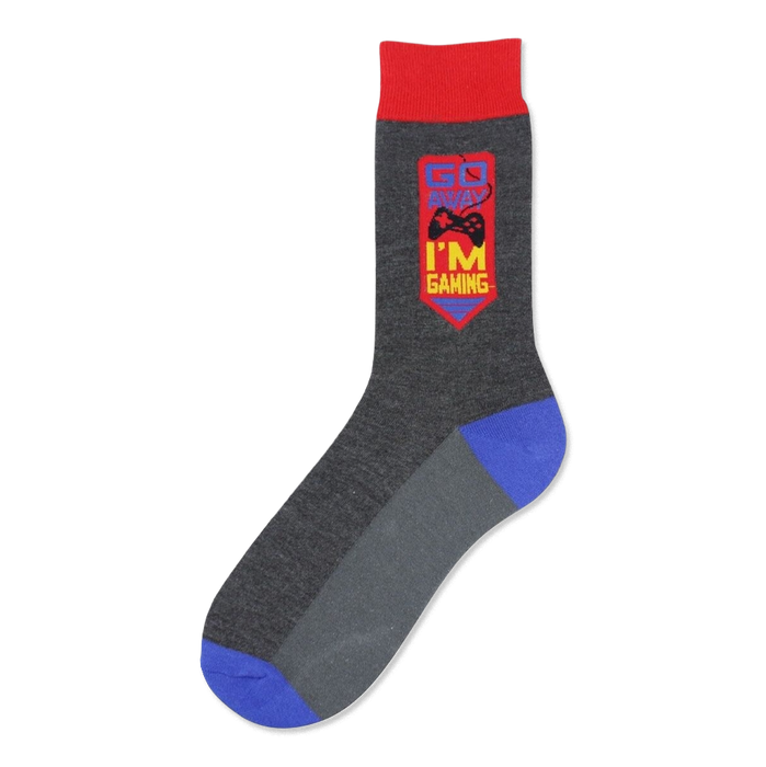 Crew socks in gray, red, and blue. A red and yellow emblem says 'I'm Gaming' with a game controller graphic. }}