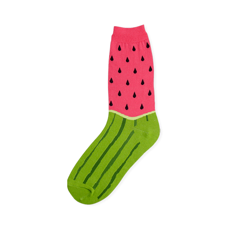 Crew sock designed like a watermelon with a pink top featuring black seeds and a green foot with dark green stripes.