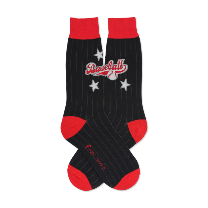 Pair of black pinstripe socks with red cuffs. Features a baseball graphic and three stars. }}