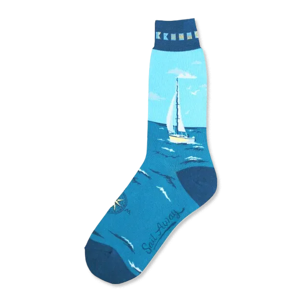 Crew socks in teal and light blue, depicting a sailboat on the ocean. The socks also feature a small compass and the words 'Sail Away'. }}