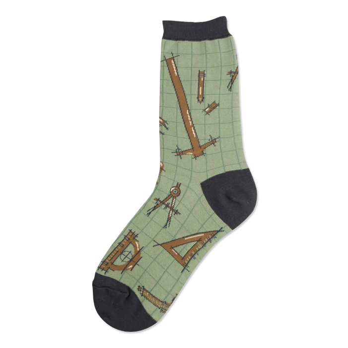 Crew socks in sage green with a repeating pattern of brown architectural tools like rulers, compasses, and set squares on a grid background. Dark gray heel and toe. }}