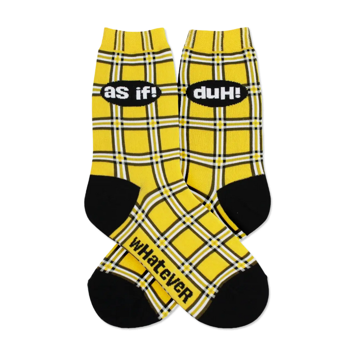 Pair of yellow plaid crew socks with black accents. Phrases 'as if!', 'duh!', and 'whatever' are printed on the socks. }}