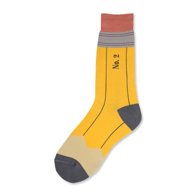 Crew socks designed as pencils; yellow with gray and tan accents; 'No. 2' is printed on the shaft. }}
