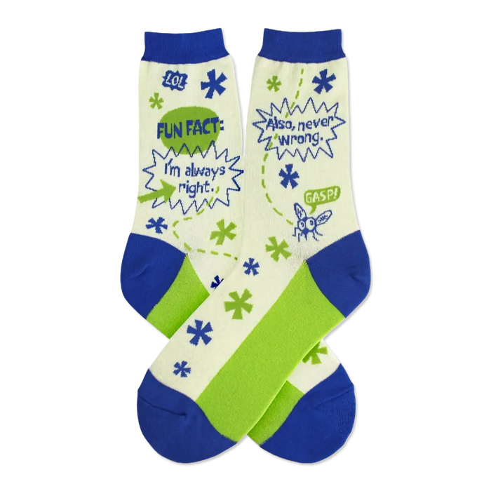 Pair of cream, green, and blue crew socks. They feature a comic-style design with speech bubbles saying