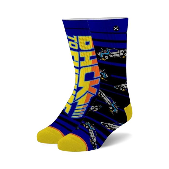Pair of crew socks; blue, yellow, and black with 'BACK TO THE FUTURE' and DeLorean car graphics. }}