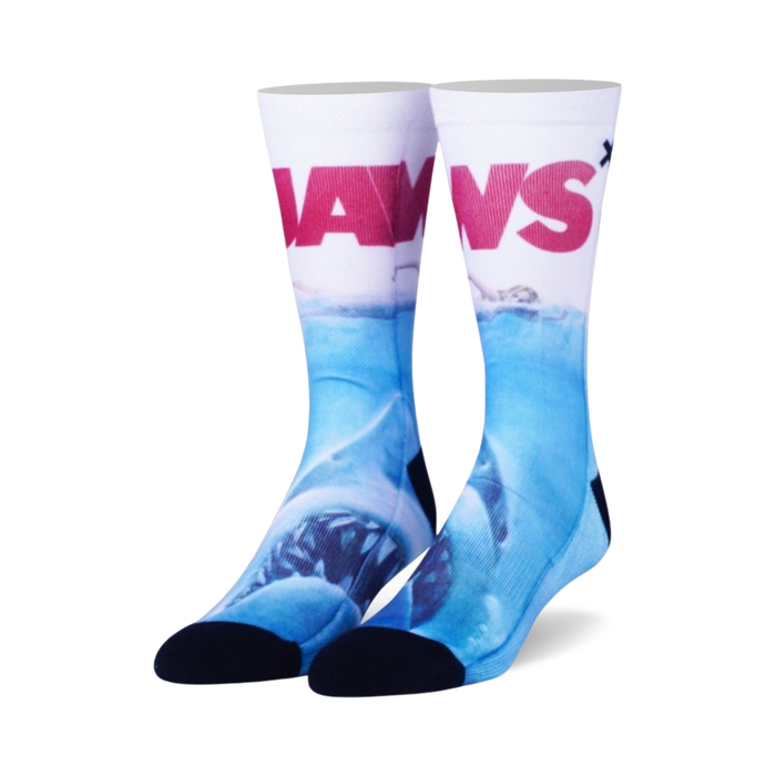 blue crew socks with great white shark biting a woman in a white swimsuit jaws logo at the top   }}