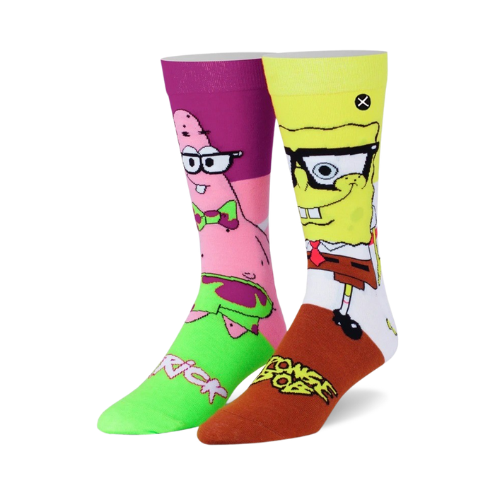 Crew socks featuring Spongebob and Patrick in glasses. Yellow, pink, green, and brown colors. Fun, cartoonish design. }}