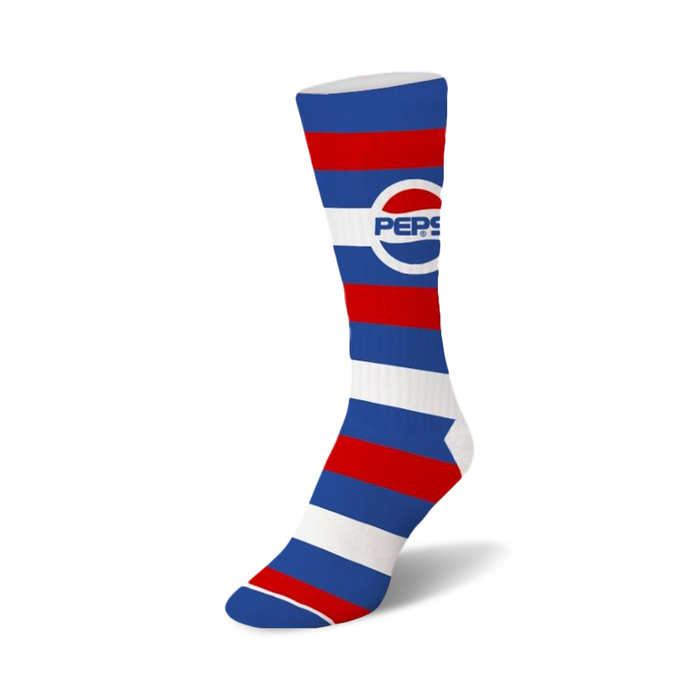 pepsi cola crew socks are blue with red and white stripes and logo.   }}