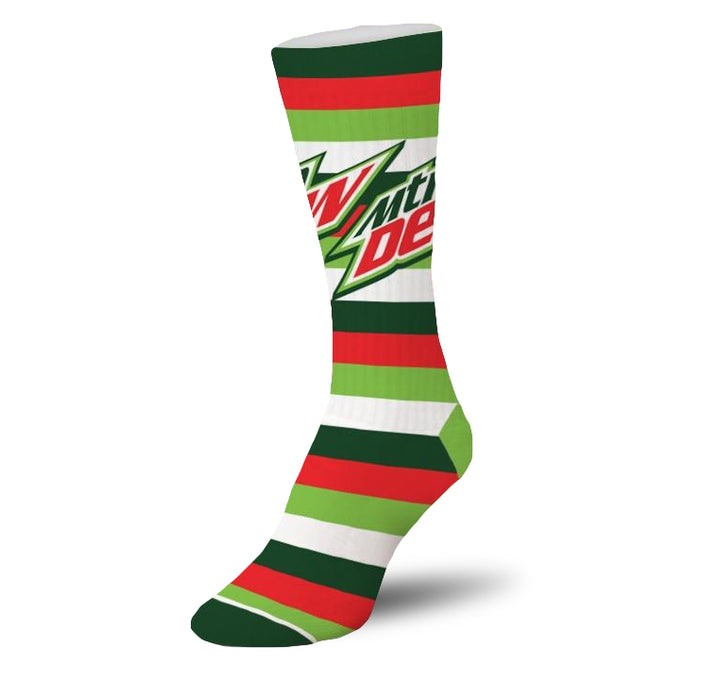 white crew socks with green and red stripes, mountain dew logo on front.    }}