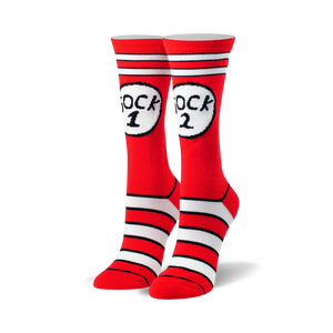 Pair of red and white striped crew socks with a whimsical 'Sock 1' and 'Sock 2' design.