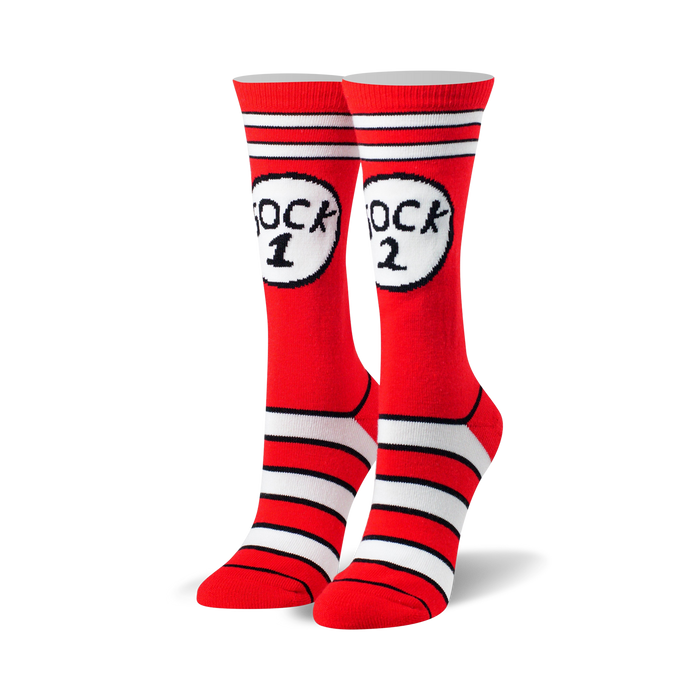 Pair of red and white striped crew socks with a whimsical 'Sock 1' and 'Sock 2' design.