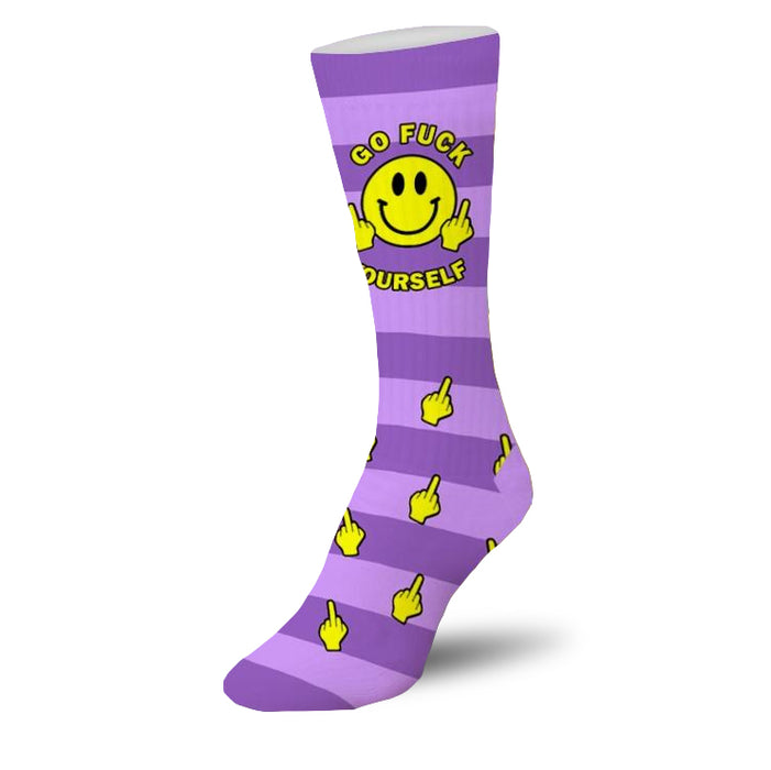Purple and yellow striped crew socks featuring a smiley face giving the middle finger and repeating middle finger icons. }}