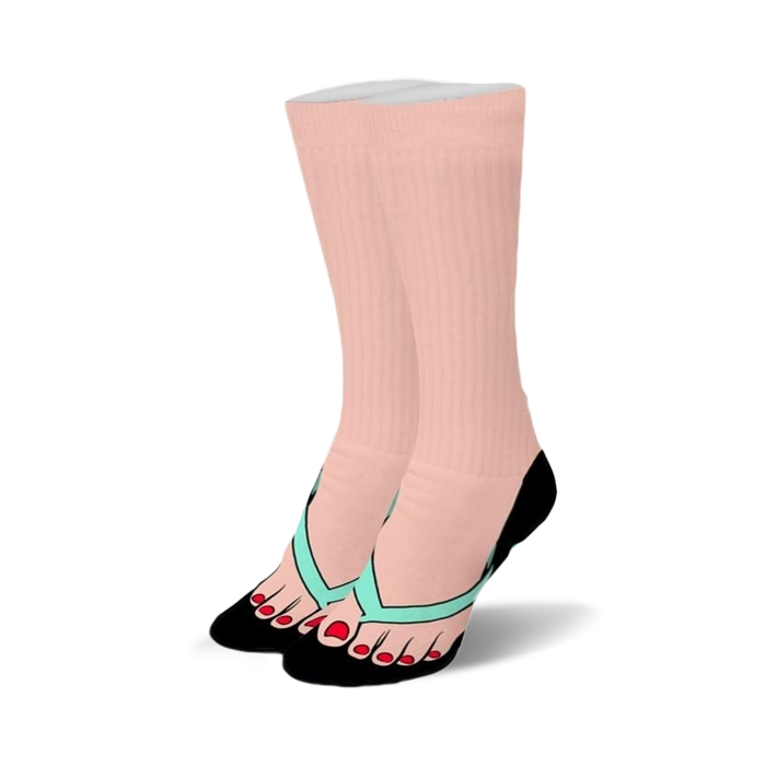 Pair of pink crew socks featuring a graphic design of feet in teal flip-flops and red nail polish. The socks have a black heel and toe. }}