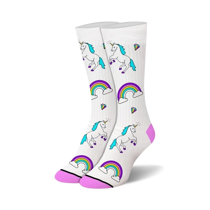 white crew socks with blue-maned unicorns, clouds, and rainbows. fun and whimsical socks for women.   }}