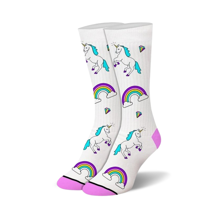 Pair of white crew socks with whimsical illustrations of unicorns, rainbows, and sparkling gems in teal, purple, and pink. }}
