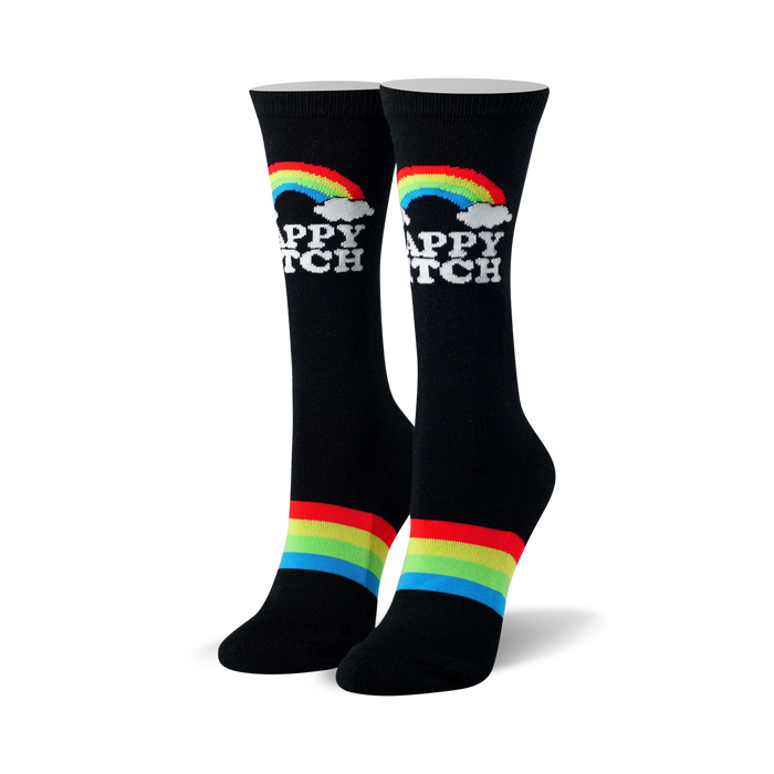 Pair of black crew socks with a rainbow, white clouds, 'Happy Bitch' text, and red, yellow, green, blue stripes. }}