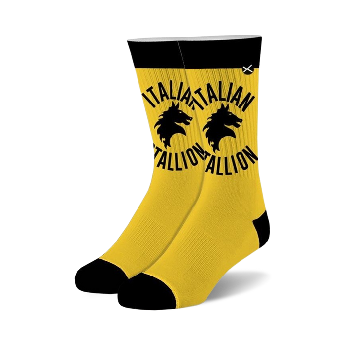 Pair of gold crew socks with black cuffs and a repeating black Italian Stallion logo featuring horse heads. }}
