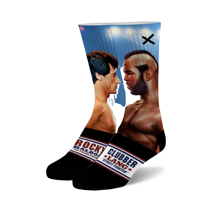 Crew socks showing Rocky Balboa and Clubber Lang facing off.  Black socks with a blue and red banner at the bottom. }}