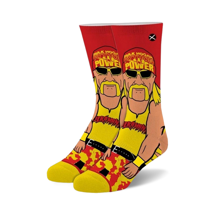 Pair of crew socks featuring a cartoon illustration of Hulk Hogan in yellow and red, with 'Python Power' text. }}