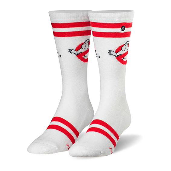 White crew socks with red varsity stripes at cuff and toe, and a Ghostbusters no-ghost logo on the calf. }}